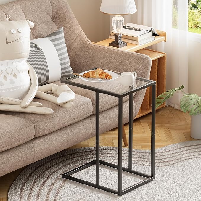 C Shaped End Table Set of 2, Couch Side Tables for Living Room, Small Glass End Table with Metal Frame, Modern Snack Table for Bedroom, Small Space, Easy Assembly, Black, 23.62 x 15.75 x 11.81