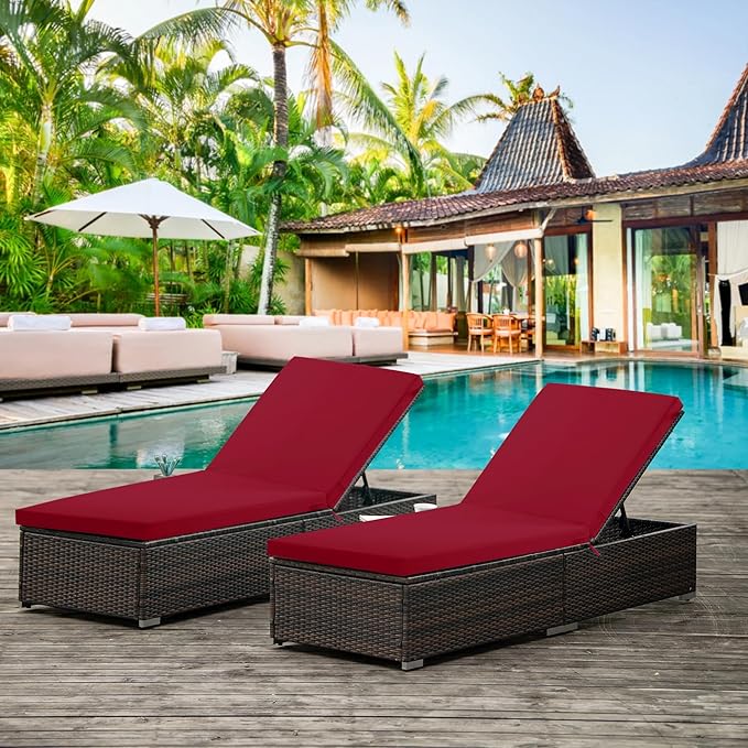 Chaise Lounge Cushions Outdoor Set of 4 - Waterproof and Fade Resistant Sun Lounger Replacement Cushions - Patio Lounger Pads with Removable Cover for Pool, Deck, Lawn, 80 x 26 x 3 Inch, Red