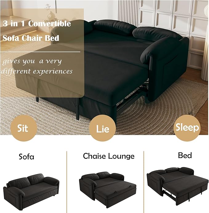 ERYE 3 in 1 Loveseat Sofa Convertible Sleeper Sofabed,Functional Recliner Daybed Love Seat Sofa&Couch W/Pull Out Couch Bed, Reclining Backrest and Pillows Armrests for Office Apartment RV Living Room