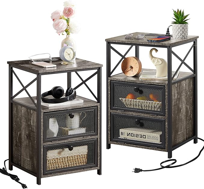 VECELO Oak Gray End Table with USB Ports and Outlets,24 Inch Nightstands with Charging Station and Storage Shelf for Bedroom,Living Room, 2 Set