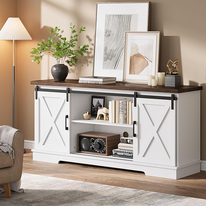 CABIHOME Farmhouse Tv Stand for 65 Inches TVs, Entertainment Center with Storage and Sliding Barn Doors, Adjustable Shelf Modern Media TV Console TV Stand Table for Living Room, Bedroom, White