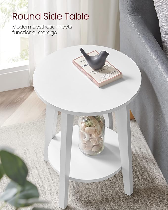 VASAGLE Side Table, Small Round End Table with Lower Shelf, Nightstand for Small Spaces, Living Room, Bedroom, White ULET283T14