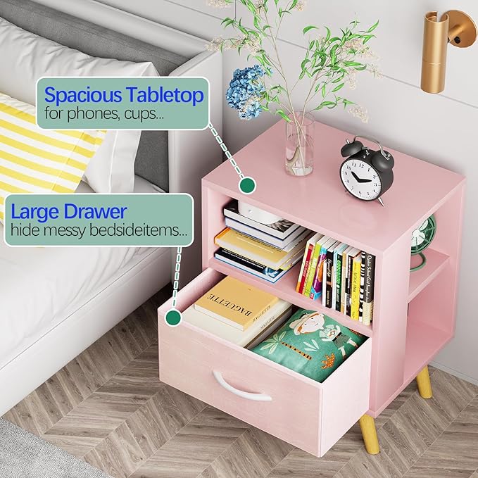 Night Stand, Pink Kids Nightstand with Drawer, Nursery Side Table with Open Storage, 2-Tier Modern End Table, Bedside Table for Small Space, Living Room, Bedroom