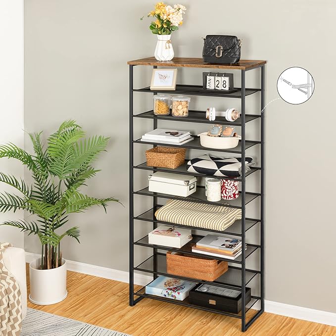 HOOBRO 10-Tier Shoe Rack, 29.5" L Shoe Storage Organizer, Large Capacity Shoe Shelf for Front Door Entrance, Entryway, Hallway, Holds 36-40 Pairs of Shoes, Closet, Rustic Brown and Black BF107XJ01