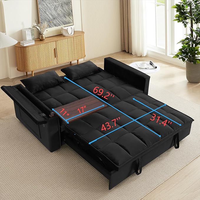 Ball & Cast 55" 3 in 1 Sleeper Sofa Bed Velvet Upholstered Pull Out Couch with Adjustable Back & 2 Pillows,Convertible Futon Sofa Bed W/Hidden Side Table,Side Pocket & USB Port,for Living Room,Black