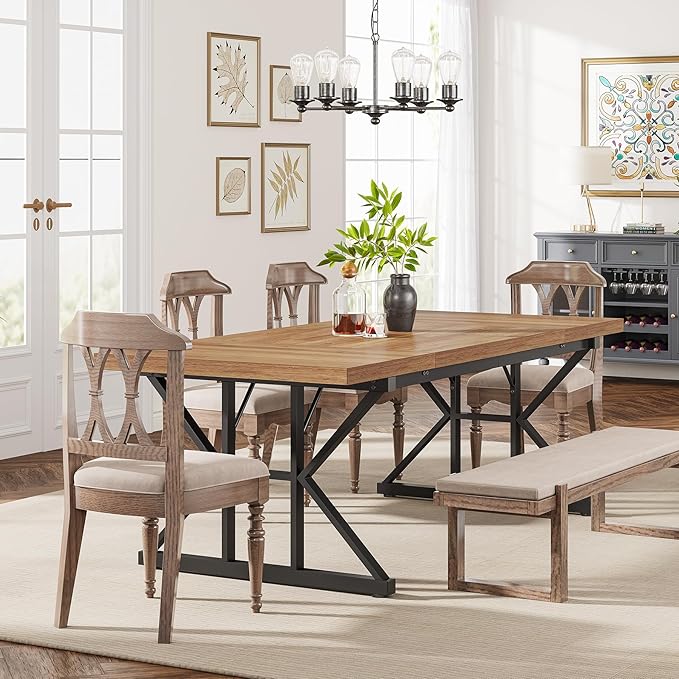 Tribesigns Farmhouse Dining Table for 6 People, 70.8-Inch Rectangular Wood Dining Table, Rustic Kitchen Table with Heavy Duty Metal Legs for Dining Room (Light Brown, 70.8 Inch)