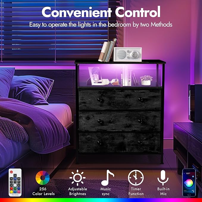 3 Drawers Dresser with Charging Station, 24 Inch Wide LED Night Stand with Adjustable Fabric Drawer, Nightstand with Storage Shelf for Living Room/Bedroom/Office, Black.