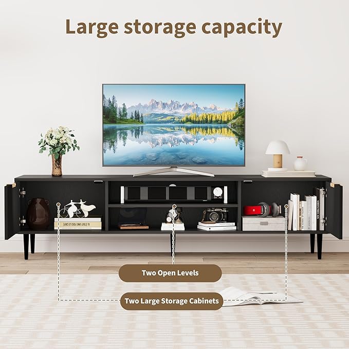 GarveeHome Black TV Stand, TV Stands for Living Room 75 inch, Entertainment Center with 2 Large Storage Cabinets, Media Console Table, Metal Handle Door, TV Stand for Bedroom, Office Furniture