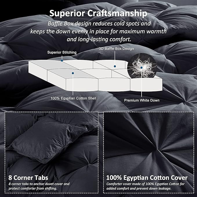Luxurious Goose Down Feather Fiber Comforter, Exquisite Pinch Pleat Design, Black 108 x 98 , 100% Egyptian Cotton, 75 oz Fill Weight, Black,Oversize Cal King