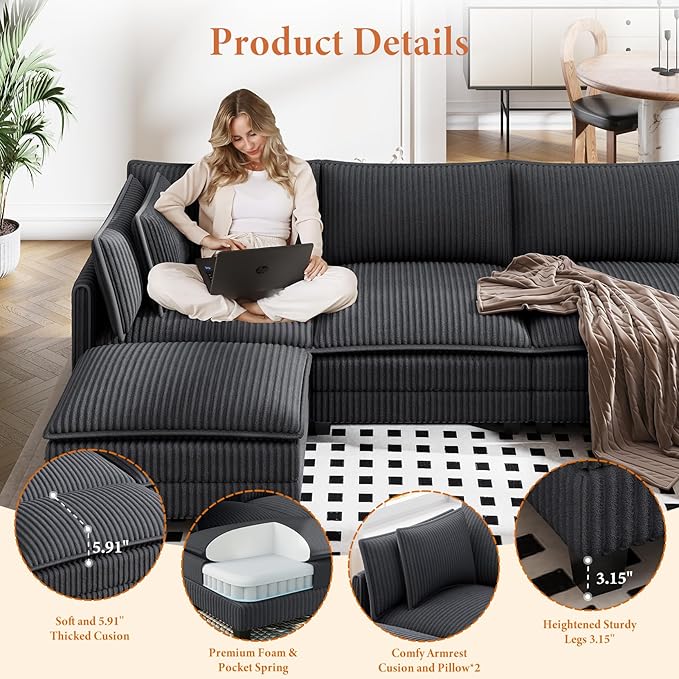 Vesgantti 109" L Shaped Cloud Sectional Couch, Comfy Corduroy Upholstered Modular Couches for Living Room, Modern 3 Seater Sectional Sofa with Ottoman Deep Seat, Dark Grey