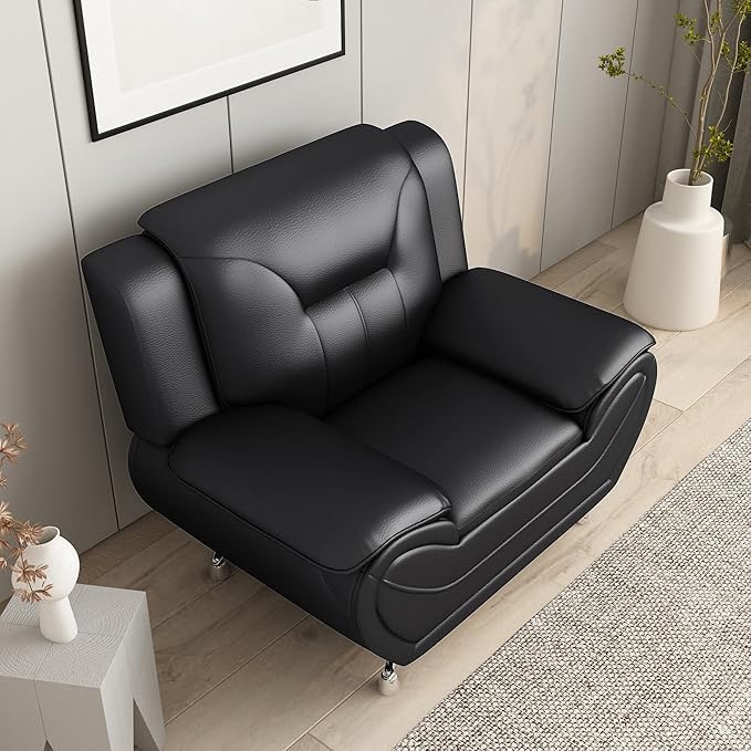 Container Furniture Direct Michael Modern Faux Leather Upholstered Stainless Steel Legs Living Room, Chair, Midnight Black