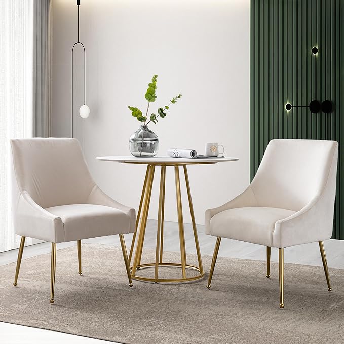 Modern Velvet Dining Chairs Set of 6, Contemporary Upholstered Furniture Collection with Polished Gold Metal Legs, Elegant Accent Chairs for Kitchen Living Room(White)