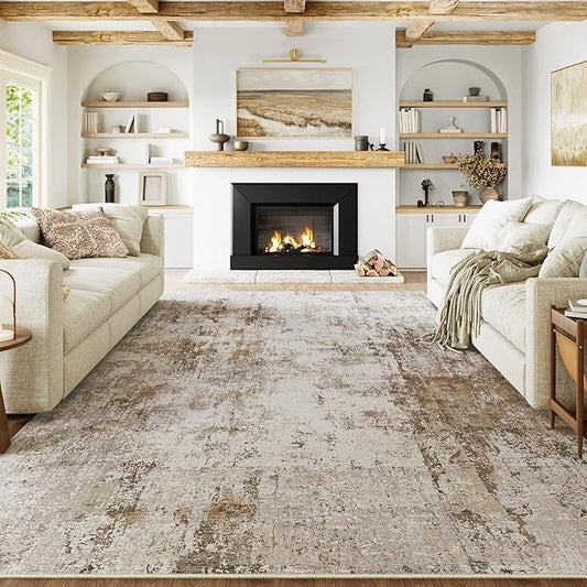8x10 Washable Area Rug Brown Grey Neutral Abstract Living Room Bedroom Large Throw Rug Non Slip Soft Low Pile Indoor Floor Carpet for Dining Room Kitchen Office Entryway