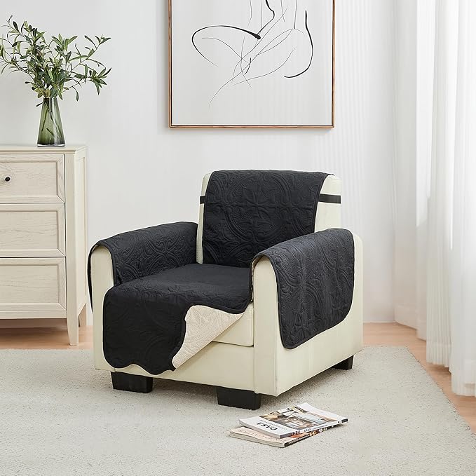 Great Bay Home Reversible Chair Cover - Washable Slipcover Furniture Protector with Elastic Straps - Chair Cover for Dogs, Kids, and Pets - Quilted & Stitched Detail (Chair, Black/Taupe)