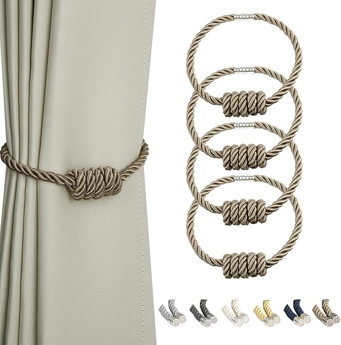 BEL AVENIR Magnetic Curtain Tiebacks, Decorative Drapery Holdbacks Modern Woven Tie-Backs with Exquisite Knot (Flaxen, 4 Pack)