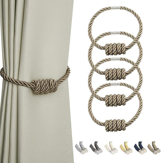 BEL AVENIR Magnetic Curtain Tiebacks, Decorative Drapery Holdbacks Modern Woven Tie-Backs with Exquisite Knot (Flaxen, 4 Pack)