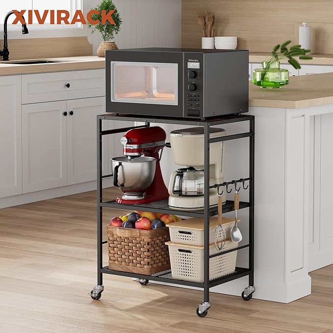 3-Tier Kitchen Cart with Adjustable Shelves - Microwave Storage Cart & Utility Rolling Organizer, Industrial Wheels for Small Spaces, 15.7"x23.6"x33.7" Kitchen Office Living Room Metal Rack