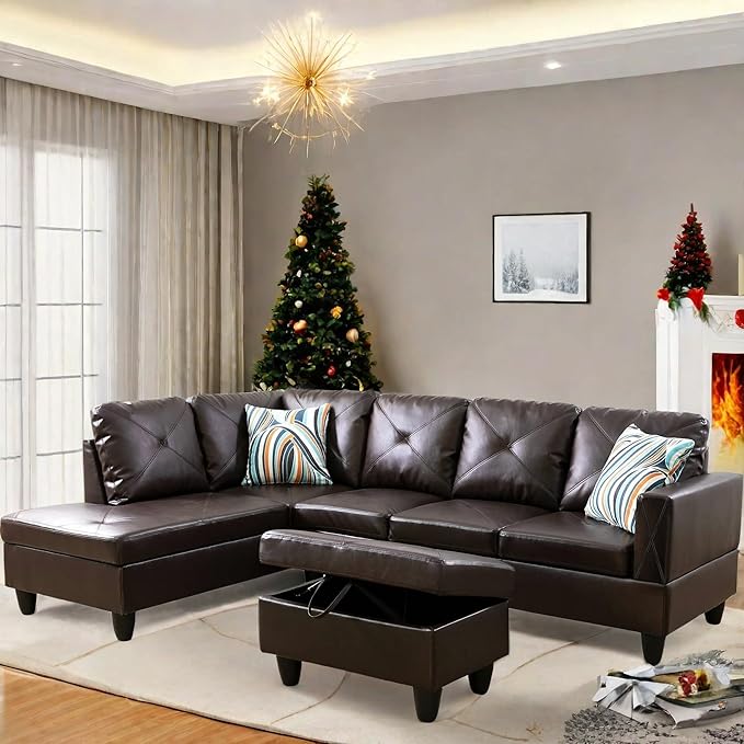 L Shaped Sectional Couch with Otttoman, 97" Leather Sectional Sofa for Living Room Modular Couches with Cup Holders for Bedroom, Apartments, Brown