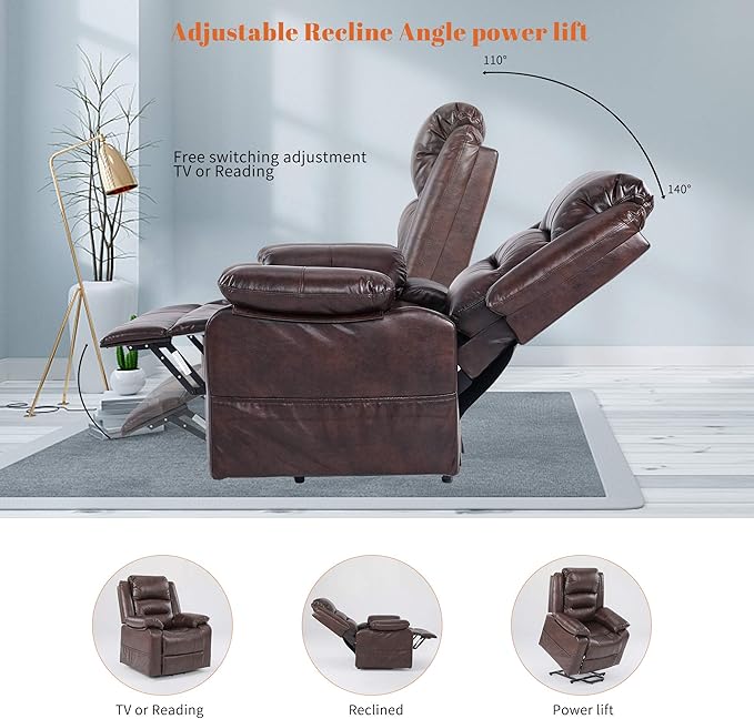 S*MAX Lift Chairs Recliners for Elderly Power Recliner Chairs Full Air Leather Electric Recliner Chairs Side Pockets USB Charge Port and Remote Control Power Lift Recliners Brown