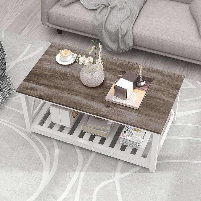 Farmhouse Coffee Table, White Oak Coffee Table for Living Room, 2-Tier Rectangular Wooden Centre Cocktail Table with Slats Shelf Storage and V-Shaped Frame Modern Coffee Oak Grey