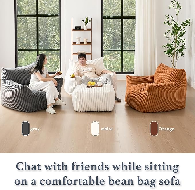 Giant Plush Bean Bag Chair for Adults with Armrests - Oversized Comfy Orange Beanbag Lounge Lazy Floor Sofa Accent Chair for Living Room, Bedroom & Dorm, Cozy Fluffy Single Cloud Mini Couch