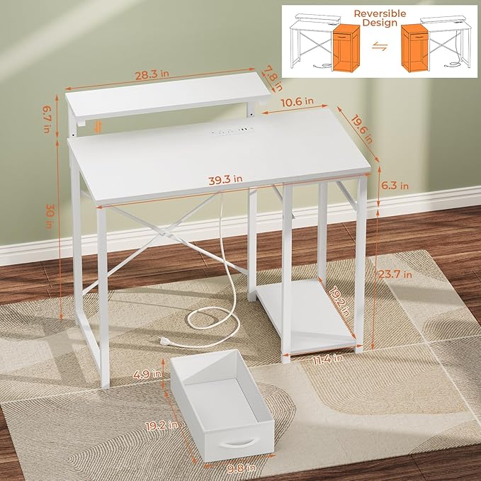 Computer Desk with Adjustable Monitor Stand, 39.4 in Small Desk with Reversible Storage Shelves, Office Desk with Spacious Desktop Spaces for Home Bedroom Workstation, White