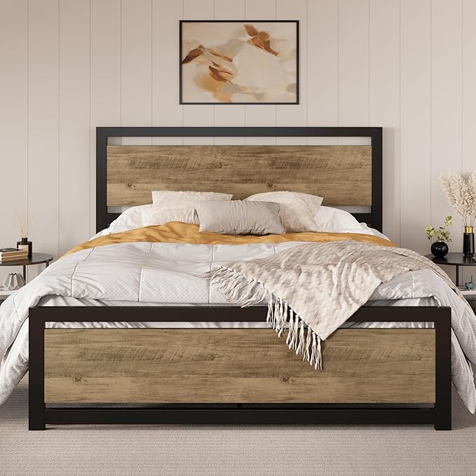 SHA CERLIN Queen Size Bed Frame with Modern Headboard, Heavy Duty Platform Metal Base with Square Footboard and 13 Strong Slats Support, No Box Spring Needed, Brown