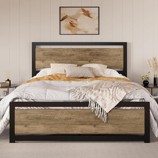 SHA CERLIN Full Size Bed Frame with Modern Headboard, Heavy Duty Platform Metal Base with Square Footboard and 13 Strong Slats Support, No Box Spring Needed, Brown