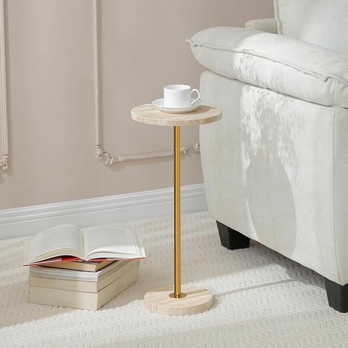 Φ9.8-inch Marble Round Drink Table, Stone Finish Pedestal End Table for Living Room, Weighted Base Small Accent Side Table for Small Space Office - Beige