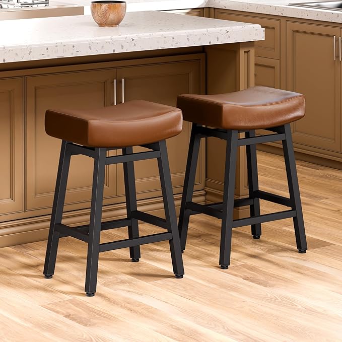 Counter Height Bar Stools Set of 2, 24 Inch Backless BarStools for Kitchen Island Leather Saddle Bar Chairs Kitchen Stools with 4" Thick Seats & Heavy Duty Metal Base, Brown