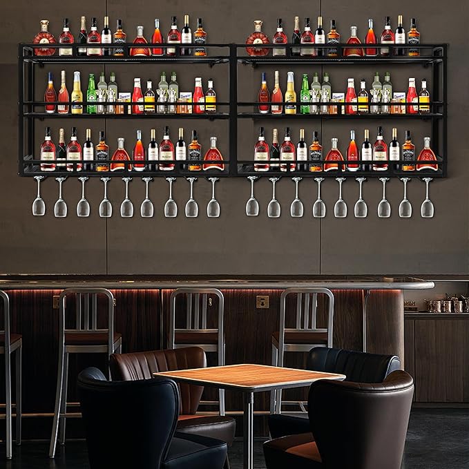 Metal Wine Rack Wall Mounted, Bar Shelves for Liquor Bottles with LED Light, 3 Tier Large Capacity Liquor Rack Wall Mounted with Glass Holder for Home Bar & Dining Room （Black, 71in/180cm）