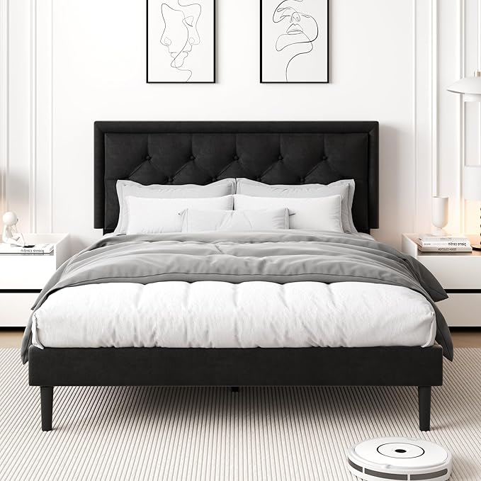 Queen Size Platform Bed Frame with Upholstered Velvet Button Tufted Headboard, Mattress Foundation with Wooden Slat Support, No Box Spring Needed, Easy Assembly, Noise Free, Black