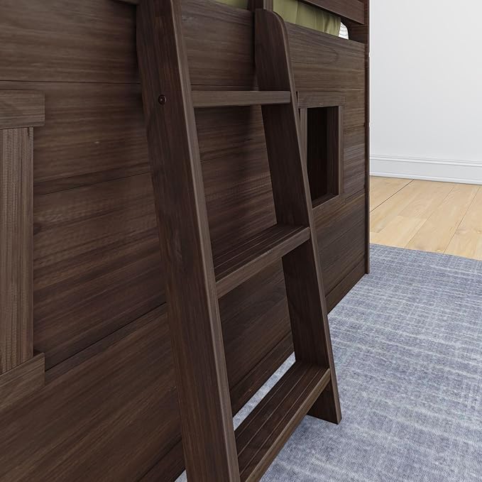 Max & Lily Modern Farmhouse Twin Low Loft Bed with Two Windows - Solid Wood, 15” Guardrails, 400-lb Capacity, Low-VOC Finish, Barnwood Brown