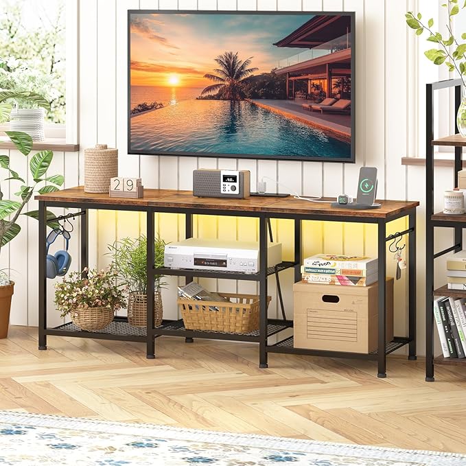 YGEOMER TV Stand Entertainment Center for 55 Inch TVs, with Charging Station and Lights Open Storage Shelves, TV Media Console, Open Storage Shelf with Sound Rack for Living Room, Rustic Brown
