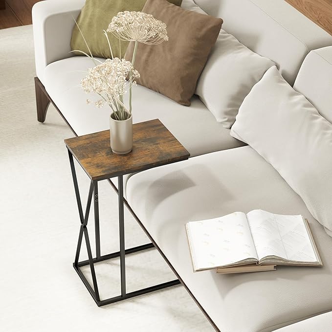 Manora TV Dinner Tray Table, C Shaped End Table for Couch, Rustic Brown Slide Under Couch Table for Small Space, Living Room or Bedroom