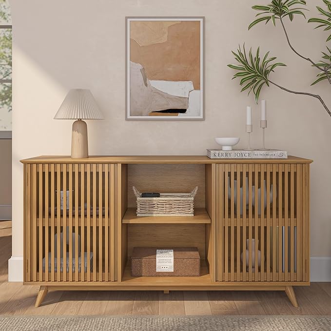 Plank+Beam Mid-Century Modern Wood TV Stand, Solid Wood Entertainment Console with Storage, 59" L x 16" W x 30" H, Pecan