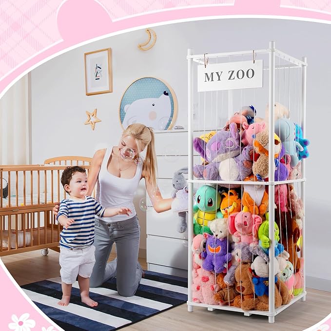 Stuffed Animal Storage Zoo, Wooden Stuffed Animal Organizer with Elastic Cords for Boys Girls, Space Saving Toy Plushies Storage Holder for Playroom, Bedroom, Living Room (White, Large)