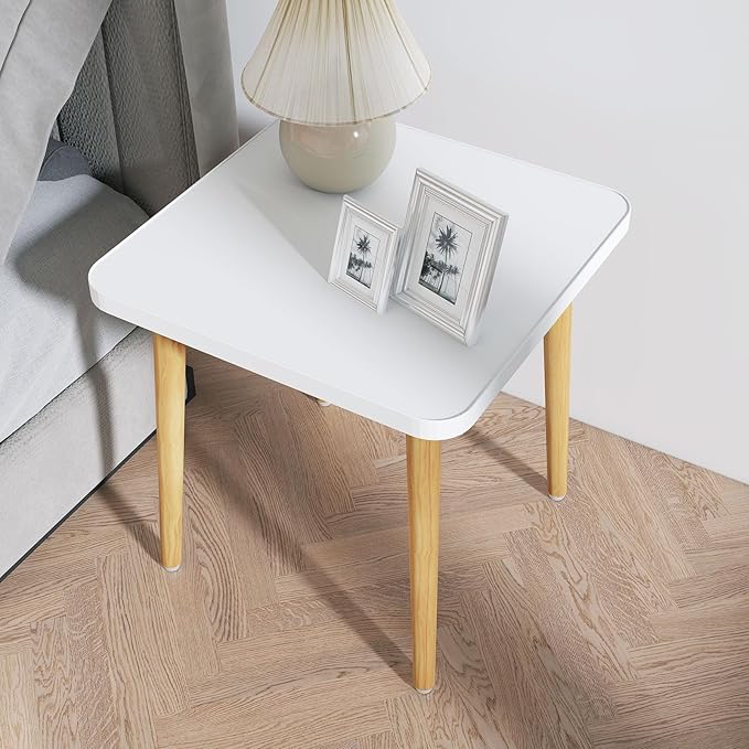 Simple End Table,Modern Side Table with 4 Solid Wood Sturdy Legs for Living Room,Nightstand Bedside Table for Bedroom Balcony (White)