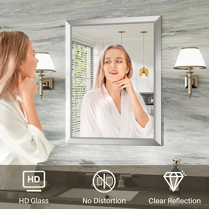 24x30 Inch Silver Bathroom Mirror for Wall, Thick Metal Framed Rectangle Mirrors for Over Sink, Bedroom, Living Room, Entryway, Anti-Rust, HD Tempered Glass