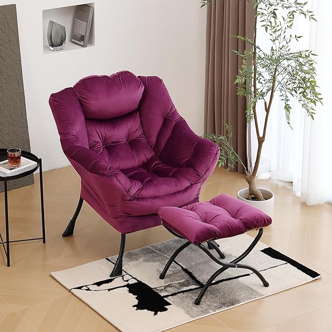 Lazy Chair with Ottoman, Modern Chair with Folding Footrest, Lounge Accent Chair, Comfortable Reading Chair (Velvet Dark Purple)