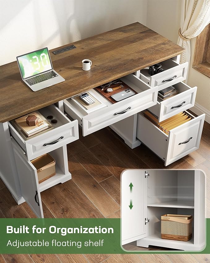 Marsail 60″ Farmhouse Executive Desk, Home Office Desk with Storage Cabinet, Charging Station, Adjustable Shelf, and File Drawer, Rustic Computer Writing Desk for Work & Study, Brown & White
