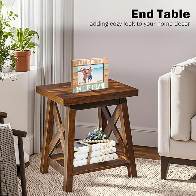 Rustic End Table, Farmhouse Side Table with Storage Shelf, Wood Side Table for Living Room, Accent Table for Small Spaces, Brown