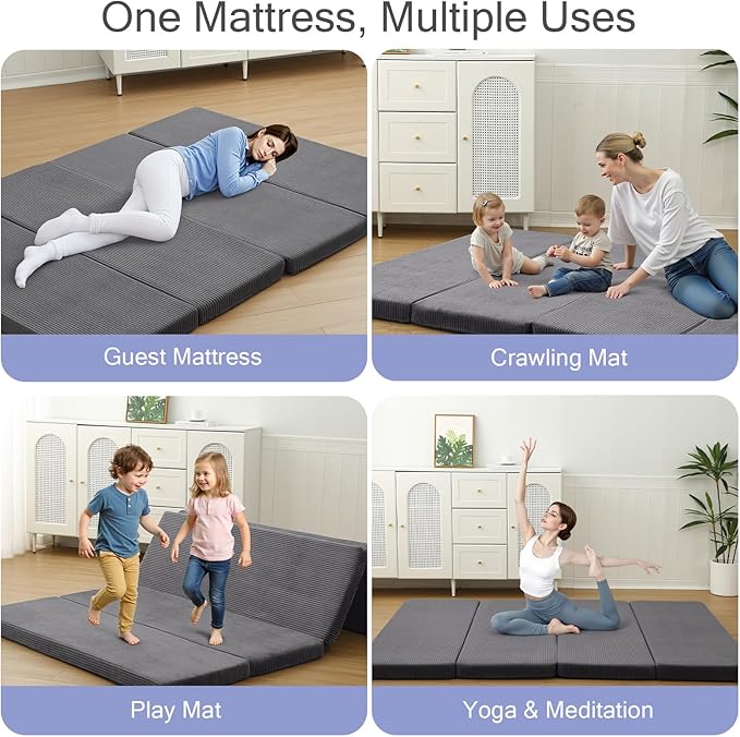 MeMoreCool Folding Foam Futon Mattress Full, Foldable Japanese Floor Mattress, Sleeping Mat Pad for Adults Guests Sleepovers, 3 in Thick Tatami Mat Portable Shikibuton, Dark Grey