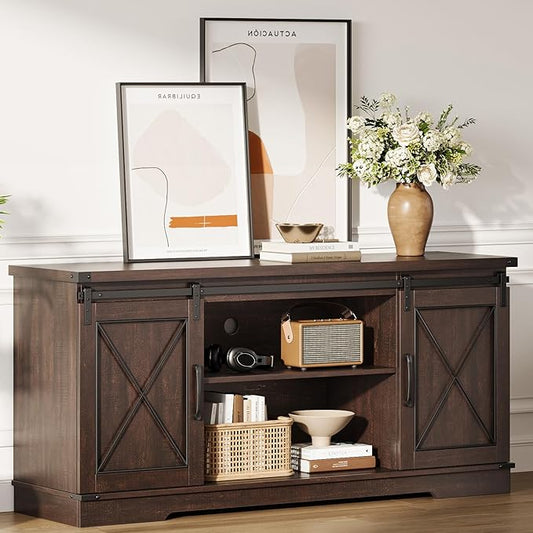 IDEALHOUSE Farmhouse TV Stand and Entertainment Center for Tv up to 65 inches with Sliding Barn Doors and Adjustable Shelf, Tv Media Console Table with Storage Cabinet for Living Room, Brown