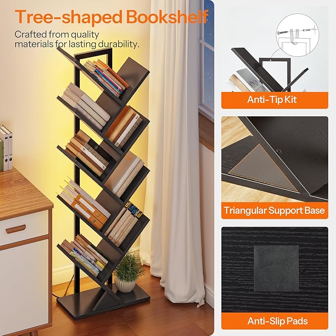 HOOBRO Tree Bookshelf, 9-Tier Tree Bookshelf with Lights, Space-Saving Book Shelf, Holds Books, CDs, Floor Standing Bookcase for Office, Living Room, Bedroom, Black BB08DSJ01