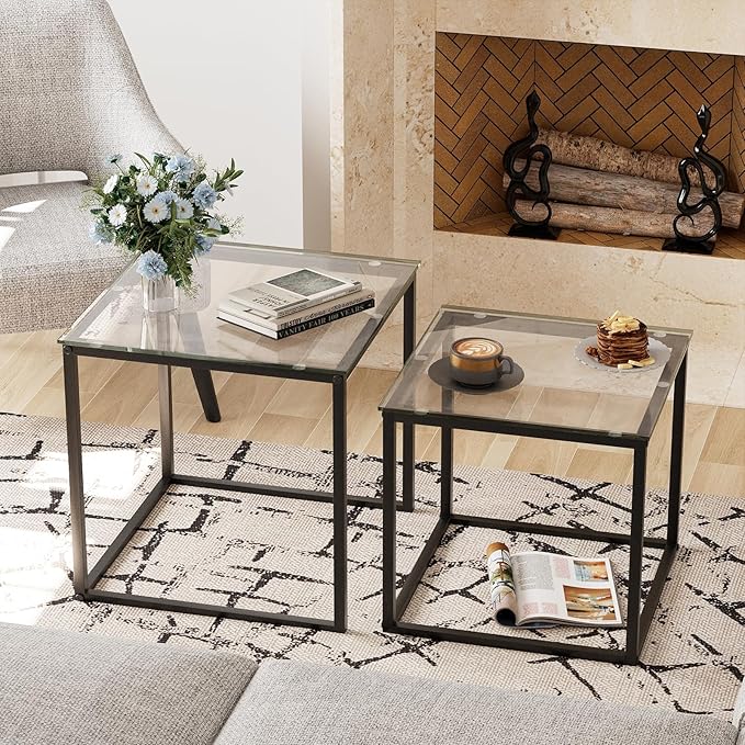 Garden 4 you Coffee Table Set of 2, Modern Glass Nesting Table, Metal Frame Square Center Table Set, Side Tables, Nesting Coffee Table for Living Room, Bedroom and Small Spaces, 19.7in Black