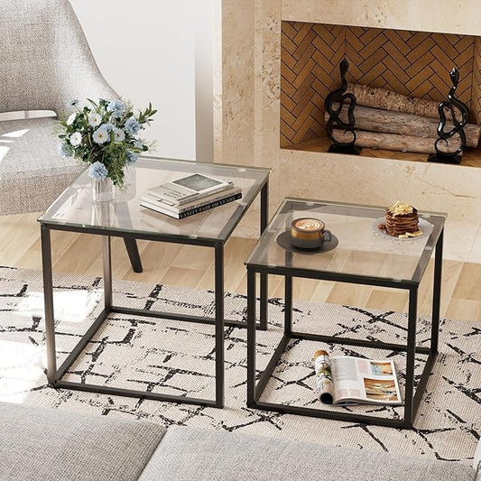 Garden 4 you Coffee Table Set of 2, Modern Glass Nesting Table, Metal Frame Square Center Table Set, Side Tables, Nesting Coffee Table for Living Room, Bedroom and Small Spaces, 19.7in Black