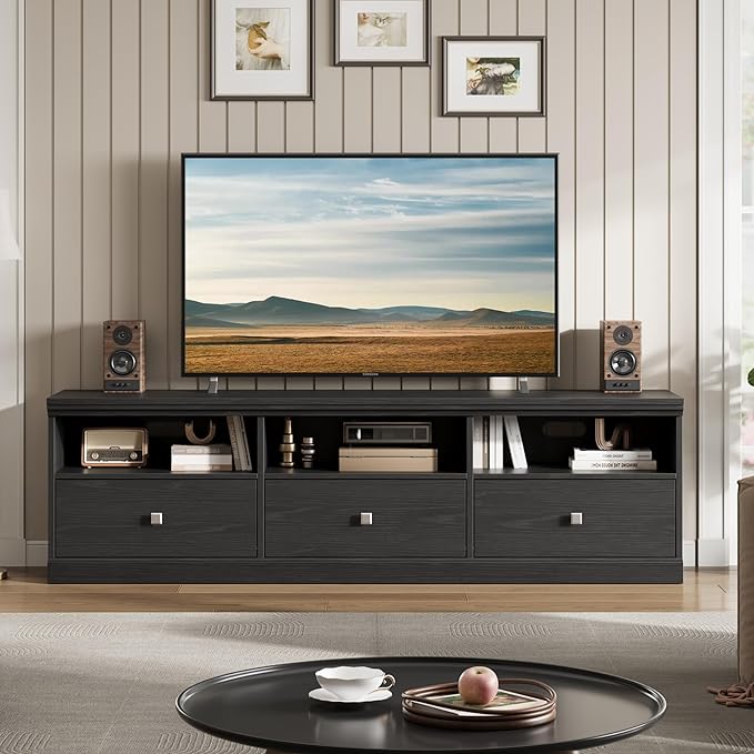 GarveeHome TV Stand for 65/70/75 Inch TV, Entertainment Center with Storage Drawer, Mid-Century Modern TV Console with Open Shelves, 70in Media TV Cabinet for Living Room, Bedroom (Black)