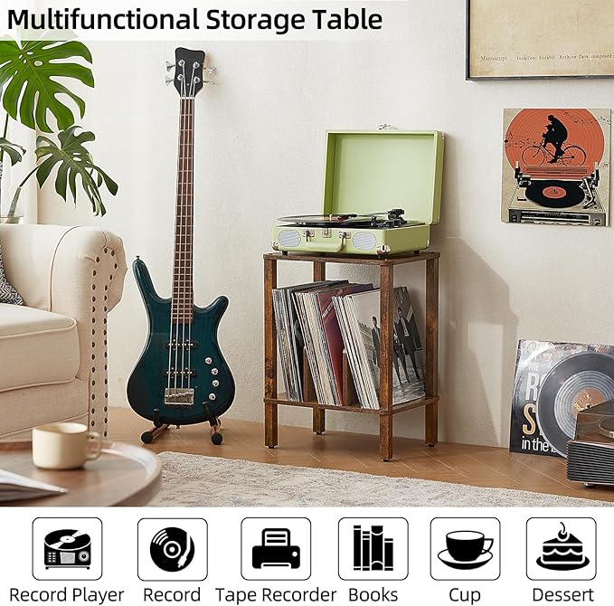 LELELINKY 2-Tier Bamboo Record Player Stand Set of 2 with Vinyl Record Storage up to 100 Albums, Boho Bedroom Record Holder and Multi-Functional End Table for Living Room, Brown