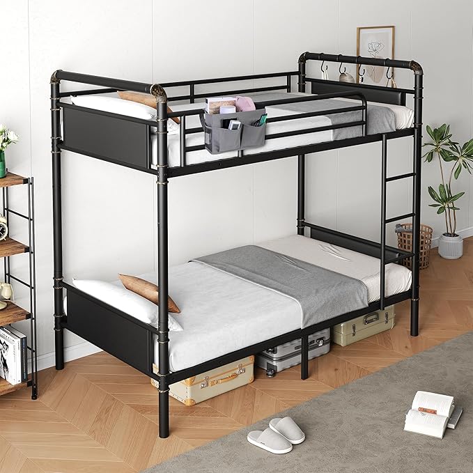 Metal Bunk Bed Twin Over Twin, Industrial Bunkbeds Heavy Duty Bed with Safety Guard Rails and Space-Saving Design, Steel Bed for School, Bedroom (Black)